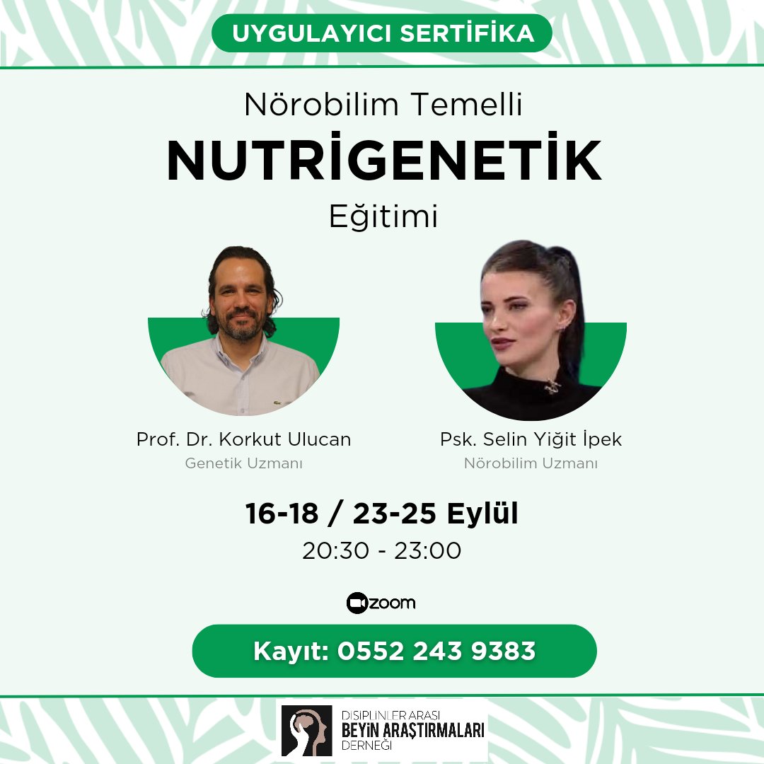 norobilim2018's tweet photo. Nörobilim Temelli Nutrigenetik Eğitimimiz önümüzdeki ay başlıyor!

Beslenmenin nörolojimizi nasıl etkilediğini öğreneceğimiz uygulayıcı sertifikalı bu eğitimimize davetlisiniz 🌸

Ücret bilgisi ve kayıt için afişteki numaradan bize ulaşabilirsiniz. https://t.co/JGvtqtAS0R