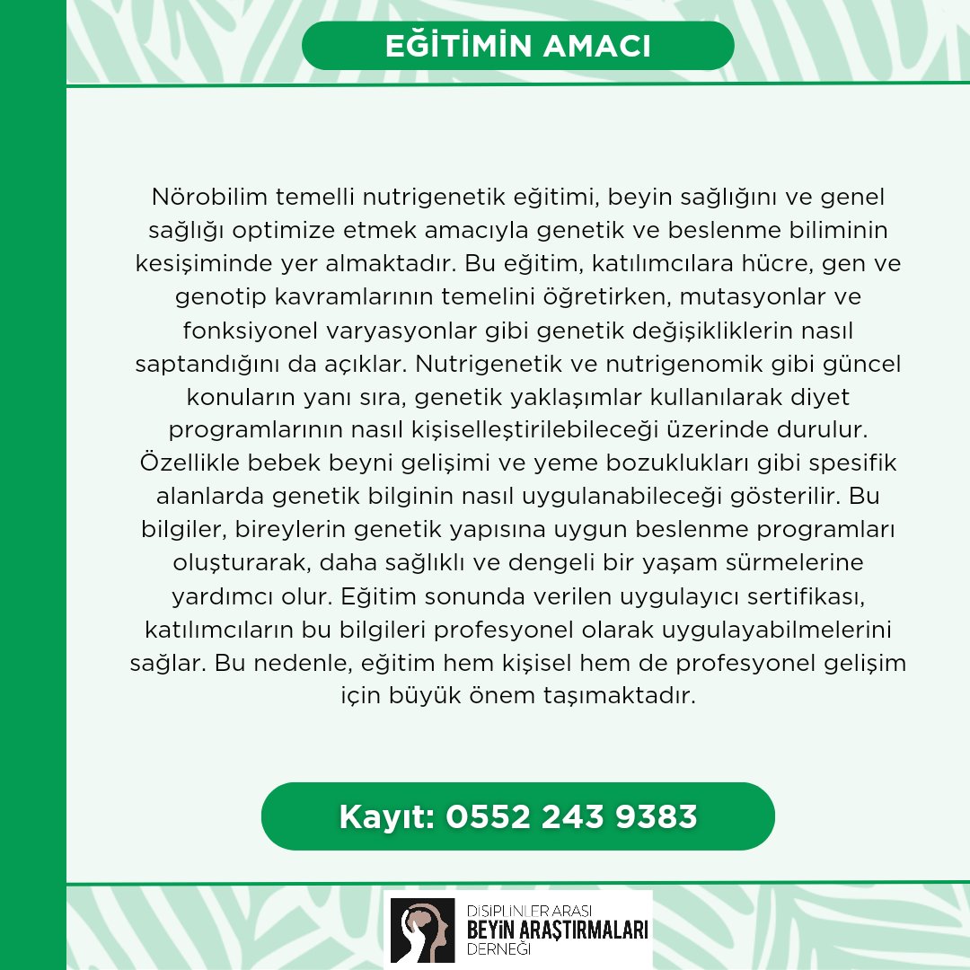 norobilim2018's tweet photo. Nörobilim Temelli Nutrigenetik Eğitimimiz önümüzdeki ay başlıyor!

Beslenmenin nörolojimizi nasıl etkilediğini öğreneceğimiz uygulayıcı sertifikalı bu eğitimimize davetlisiniz 🌸

Ücret bilgisi ve kayıt için afişteki numaradan bize ulaşabilirsiniz. https://t.co/JGvtqtAS0R