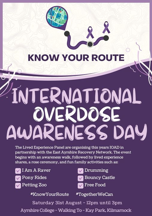 Do you #KnowYourRoute for recovery?💜 

Join East Ayrshire Lived Experience Panel for a walking tour of Kilmarnock drug and alcohol recovery services on Saturday 31 August. 

Click for more info and to register: tinyurl.com/yws2z677

#InternationalOverdoseAwarenessDay