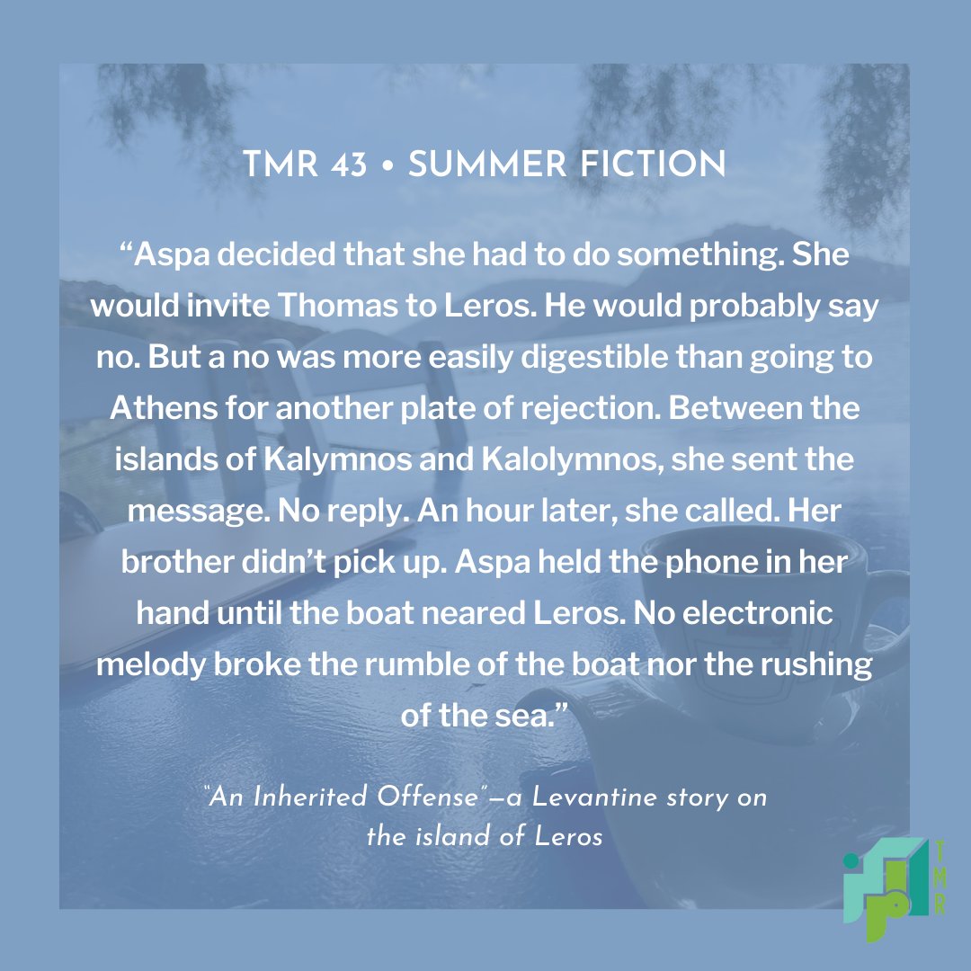 TheMarkazReview's tweet photo. - “’An Inherited Offense’—a Levantine story on the island of Leros” - In this short story by Nektaria Anastasiadou (@NektariaAna), the male and female terebinth trees of a Levantine childhood help heal a fractured family.
https://t.co/gXQEVjAECx
#themarkazreview #tmr43 #summerfiction #fiction #lebanon #Gaza