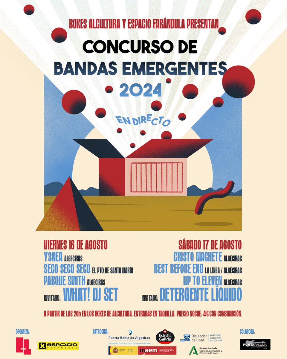 Por fin os convocamos al I CONCURSO DE BANDAS EMERGENTES que organizamos <a href="/ALCultura/">Asociación Alcultura</a> y Espacio Farándula.  Un total de 6 bandas concursarán en directo el V16 y
S17 de agosto. Como invitados <a href="/SPECTRUMAMSTRAD/">WHAT!</a> y <a href="/Detergentepop/">Detergente Líquido 液体洗剤</a>. Va a estar guay!! 💛✖️🚀