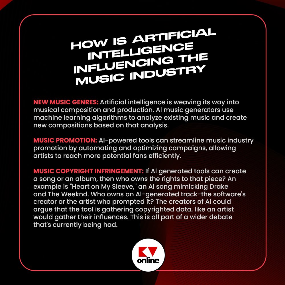 KVOnlineTalent's tweet photo. With Al steadily making advancements in it's technology and leveraging experiences for users on different existing platforms and even creating new experiences, one can ask how is Al influencing the music industry itself? #artitificialintelligence #musicainstrumental
#hottopics https://t.co/ldm7ixfgGb