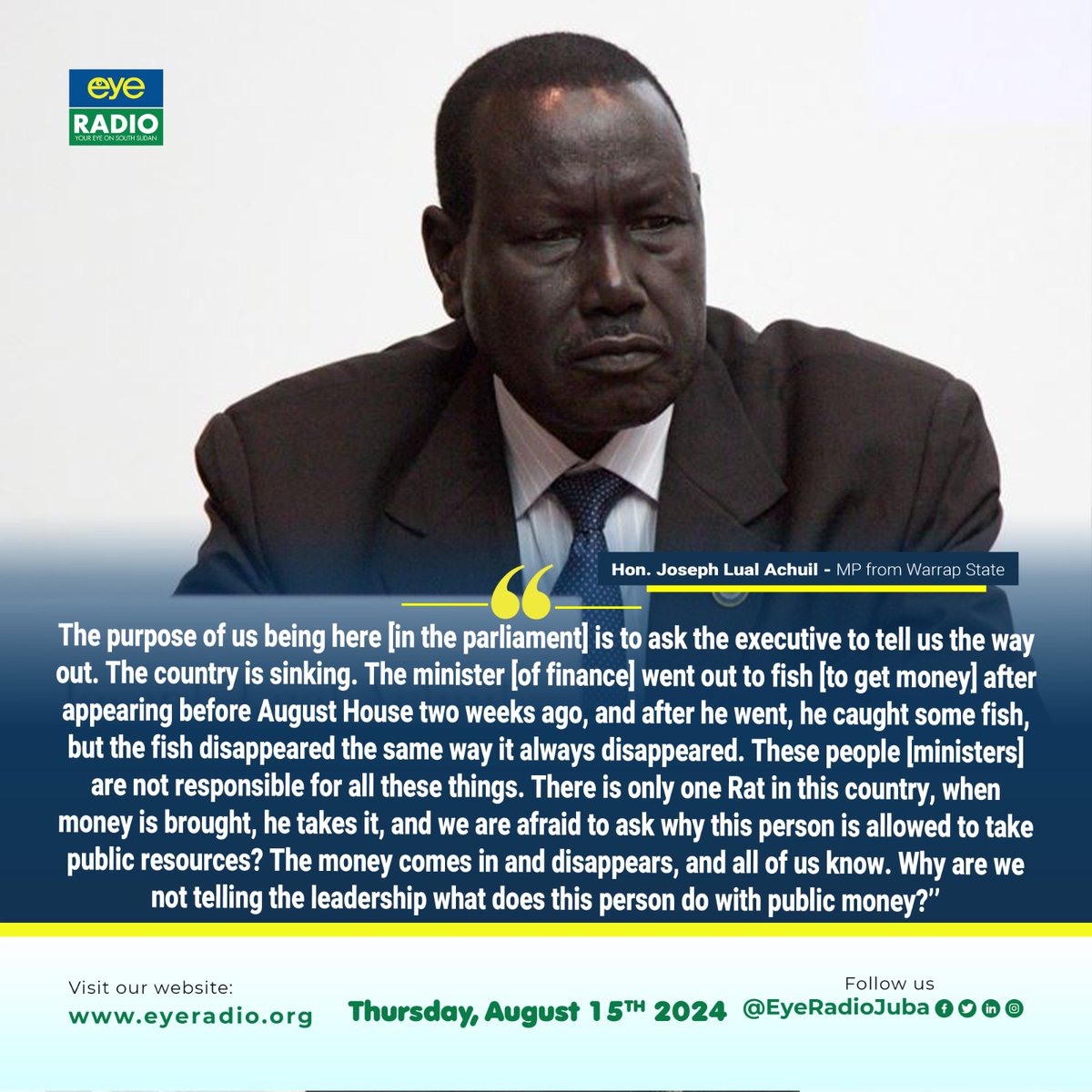 EyeRadioJuba's tweet photo. Hon. Joseph Lual Achuil, a national parliament member representing Warrap State for SPLM, debates the management of public money - #SouthSudan #SSOX https://t.co/KmYrQVYWsP