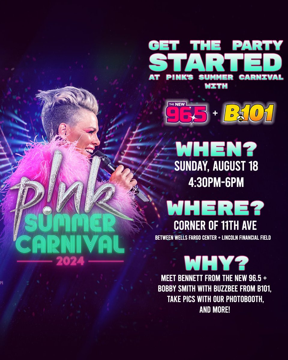 📣 This Sunday 📣 Celebrate <a href="/Pink/">P!nk</a>'s #SummerCarnival hometown show at @LffStadium with The NEW 96.5 and <a href="/B101Philly/">B101 Philly</a>! 🎪 🎤  

Get the party started with us at 4:30 PM! 🎉 Meet <a href="/BennettOnAir/">Michael Bennett</a>, and our friends <a href="/theebobbysmith/">Bobby Smith</a> and <a href="/B101Buzzbee/">Buzzbee</a> will be buzzing around 🐝 See you then 🤗