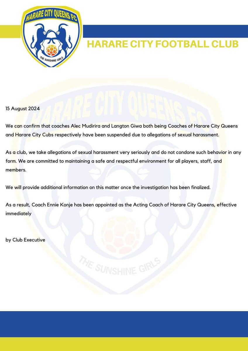 bhorafrika's tweet photo. Harare City Queens/Cubs coaches in sexual harassment storm

Full details to be made available 💔

⚽

JOIN the BHORAFRIKA Magazine WhatsApp channel 👇🏿

https://t.co/c1Rr9zTDZv https://t.co/5LWvntPdu9