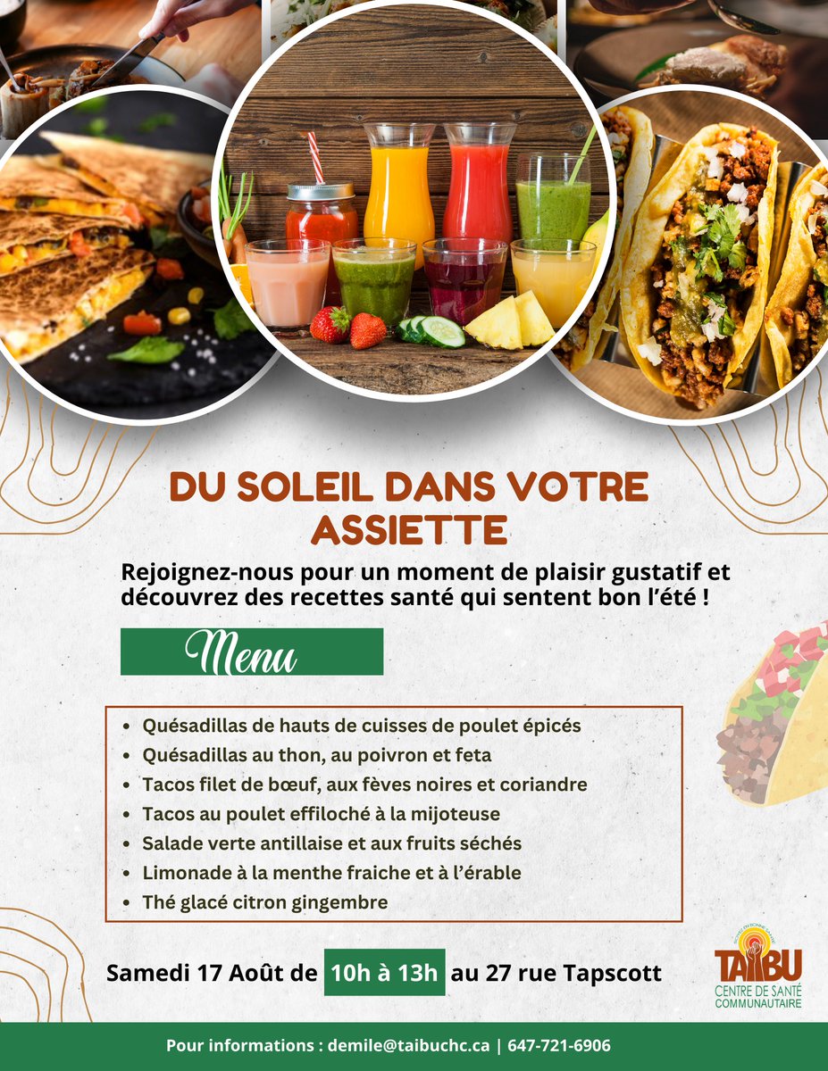 darling_emile's tweet photo. Ne ratez pas  cet atelier de cuisine communautaire dédié aux recettes saines qui sentent bon l'été. Le samedi 17 août  de 10h à 13h,découvrez des plats nutritifs, échangez des astuces, et repartez avec des idées de repas équilibrés à partager avec vos proches @TAIBU_CHC @Entite4 https://t.co/urRECfk5b4