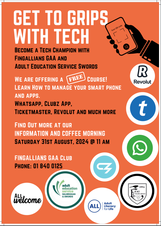 We are delighted to partner <a href="/Fingallians/">Fingallians</a> to bring smartphone skills to their members. Teaching ClubzApp, Ticketmaster and more. 
Come along to our info and coffee morning in the clubhouse on Saturday August 31st at 11am to find out more.  Tell your friends and family!