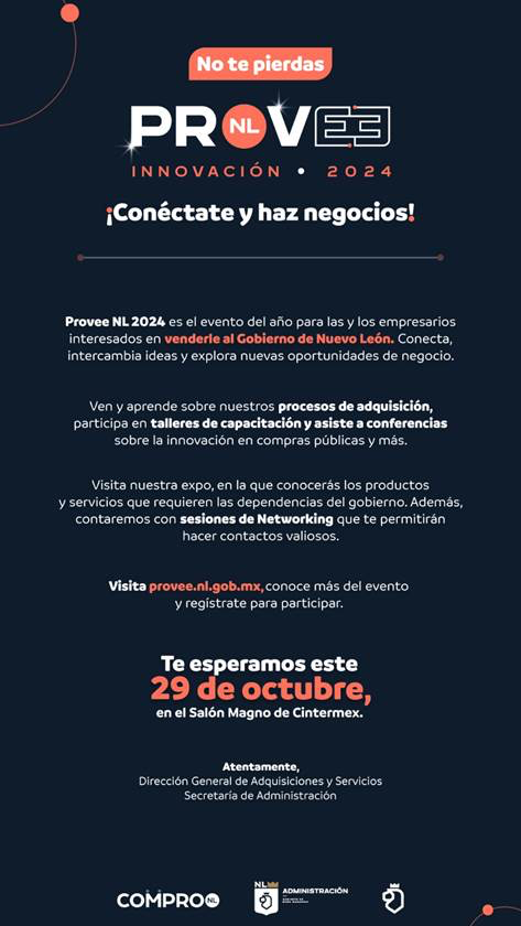 jorgeavilam's tweet photo. Emprendedores #NuevoLeón 🚨

Pues resulta que el 29 de octubre se realizará el evento PROVEE NL, para aquellos que quieren venderle al Gobierno de Nuevo León. 

Lo mejor de todo, es que es sin costo, así que súper recomendado que asistan, en un peligro venden algo 😉

👉 https://t.co/7Wbd0Y7RlV 👈

(Mención no pagada, y no tengo relación de ningún tipo con ninguna entidad gubernamental/partidista)

#Emprendimiento #Emprende #Mentor #Negocios 
#Monterrey #SPGG #Guadalupe #Apodaca #SanNicolas #SantaCatarina #Escobedo #México