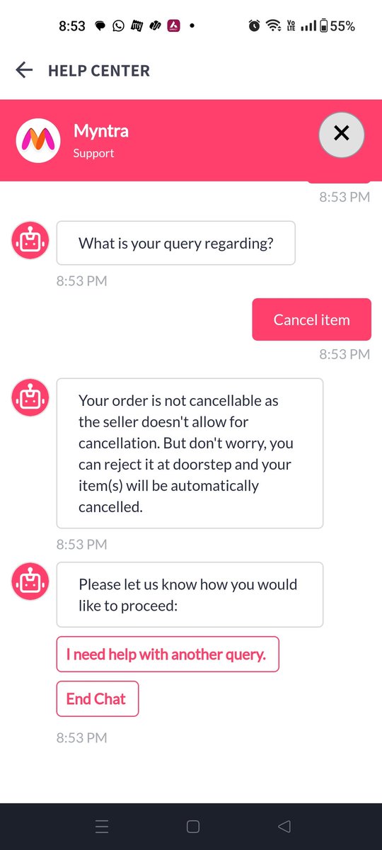 MonikaMuchhal's tweet image. Cancel my order @MyntraSupport #badcustomerservice #nonresponsive #notreliable last delivery date was 11 aug, it's 15 aug and you are not allowing me to cancel the order