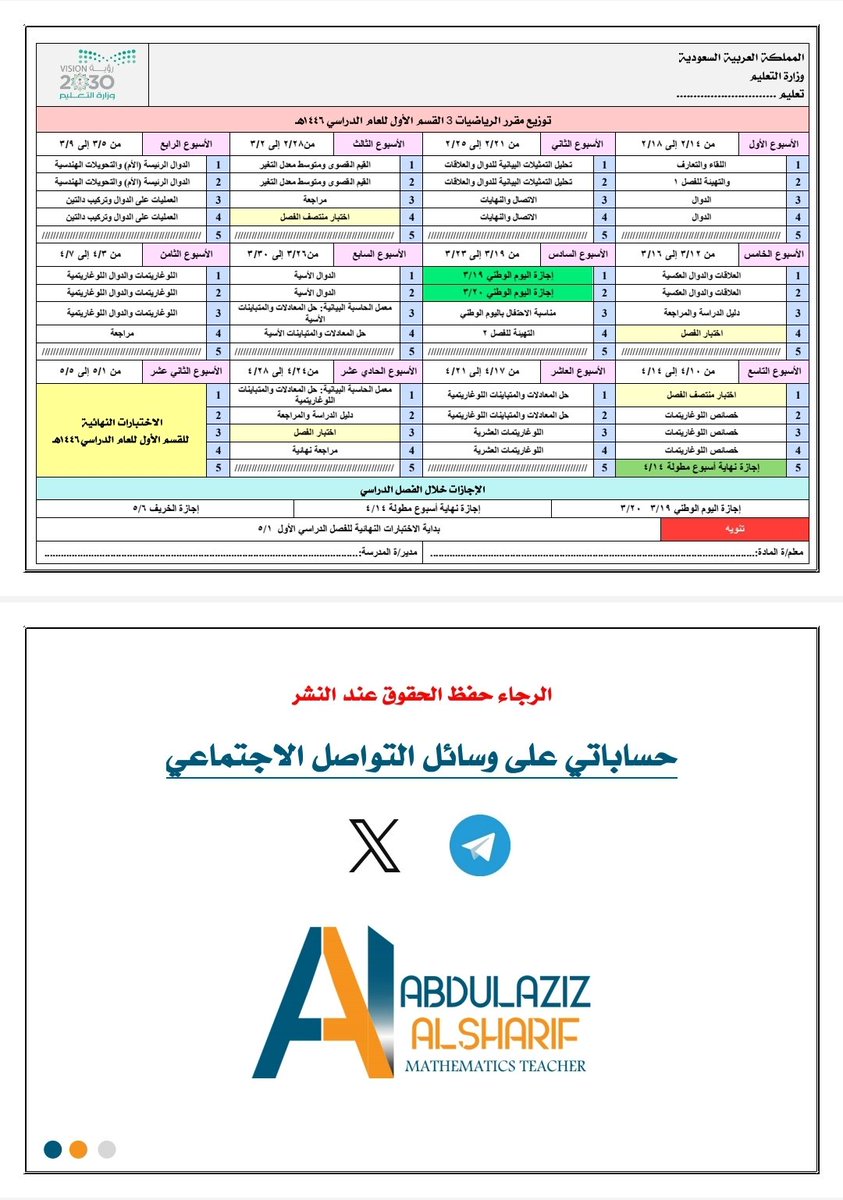 توزيع منهج الرياضيات ( ١ - ٢ - ٣ ) القسم الأول للمرحلة الثانوية 
للاستفادة من الملف بصيغة الـ PDF تجدونه هنا 👇
t.me/A_Shark_s1
#الرياضيات
#العودة_للدراسة
#عودة_المعلمين_والمعلمات
#تعليم_جدة
#تعليم_مكه
#الرخصة_المهنية