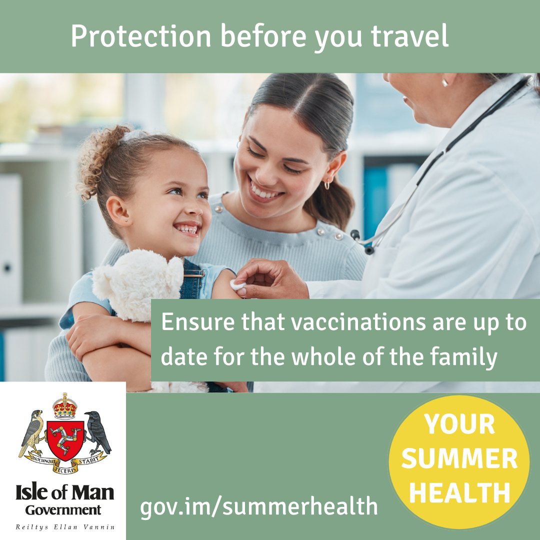 PublicHealthIOM's tweet photo. Before you travel this summer, make sure to protect yourself from infectious diseases by checking you are up to date with your vaccinations.  Routine vaccinations can help protect us from illnesses that could otherwise be deadly, such as: https://t.co/NjrDmGTBZX