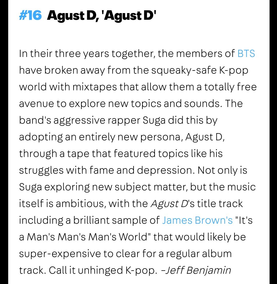 SUGAIndoFanbase's tweet photo. The only Korean mixtape that was included in FuseTV "Best Mixtape of The Year" in 2016.

Agust D, ‘Agust D’ 🔥

#8YearsWithAGUSTD
LONG LIVE AGUST D https://t.co/sYXq0sXVbN