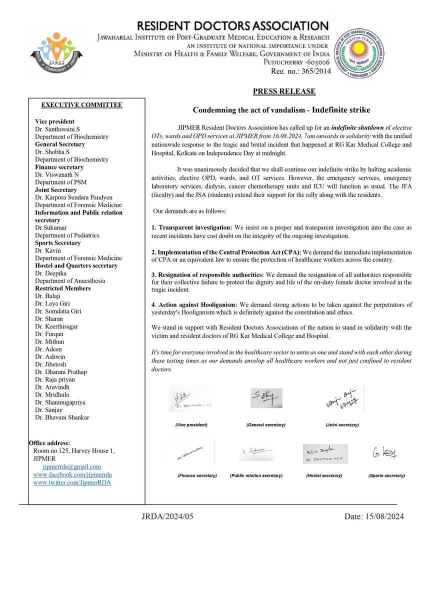 JipmerRDA's tweet photo. JRDA stands in solidarity with all Resident Doctors Associations https://t.co/MSxDnashde