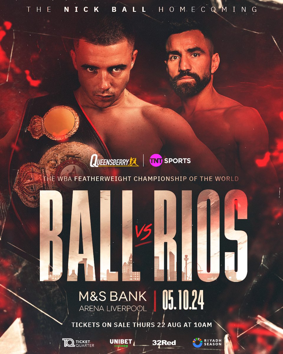 🚨 Nick Ball's homecoming 😍

<a href="/nick_ball97/">Nick ball</a> will defend his WBA Featherweight Championship against Ronny Rios in Liverpool! 🥊🏆

#BallRios | Oct 5 | LIVE on TNT Sports and discovery+
