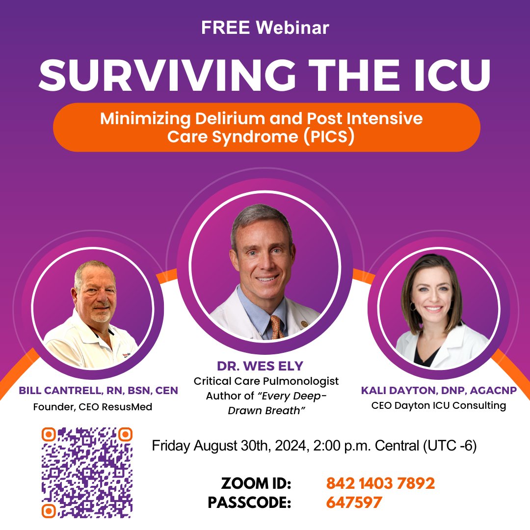 ResusMed's tweet image. Surviving the ICU: Minimizing Delirium and Post Intensive Care Syndrome (PICS)

Join us on Friday, August 30th, 2024, at 2:00 pm Central Time (UTC -6) for a vital and insightful webinar addressing one of the most challenging aspects of critical care: the prevention and management…
