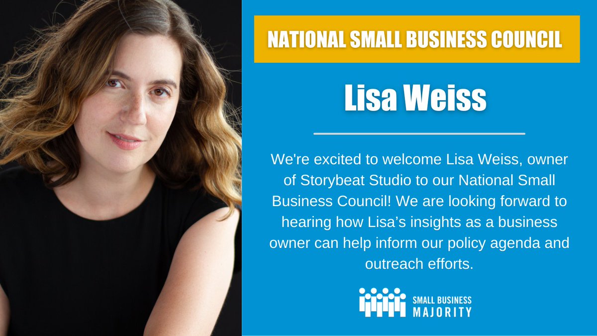 SmlBizMajority's tweet photo. This month, we're welcoming Lisa Weiss, owner of @lisastorybeat and longtime Small Business Majority network member to our National Small Business Council. Welcome, Lisa! https://t.co/2d9Vh7m3hZ