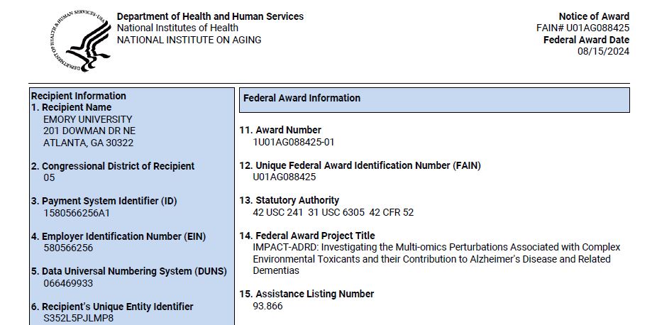 Donghai Liang (@donghai_liang) on Twitter photo Beyond thrilled to get the #NOA on a major #U01 from <a href="/NIHAging/">The National Institute on Aging (NIA)</a> and co-lead this exciting new study with @anke_huels and Thomas Wingo. We will use cutting-edge #Exposomics and #Multiomics data to study the link between #EnvironmentalToxicants and #AlzheimersDisease and #Dementia. Beyond thrilled to get the #NOA on a major #U01 from <a href="/NIHAging/">The National Institute on Aging (NIA)</a> and co-lead this exciting new study with @anke_huels and Thomas Wingo. We will use cutting-edge #Exposomics and #Multiomics data to study the link between #EnvironmentalToxicants and #AlzheimersDisease and #Dementia.