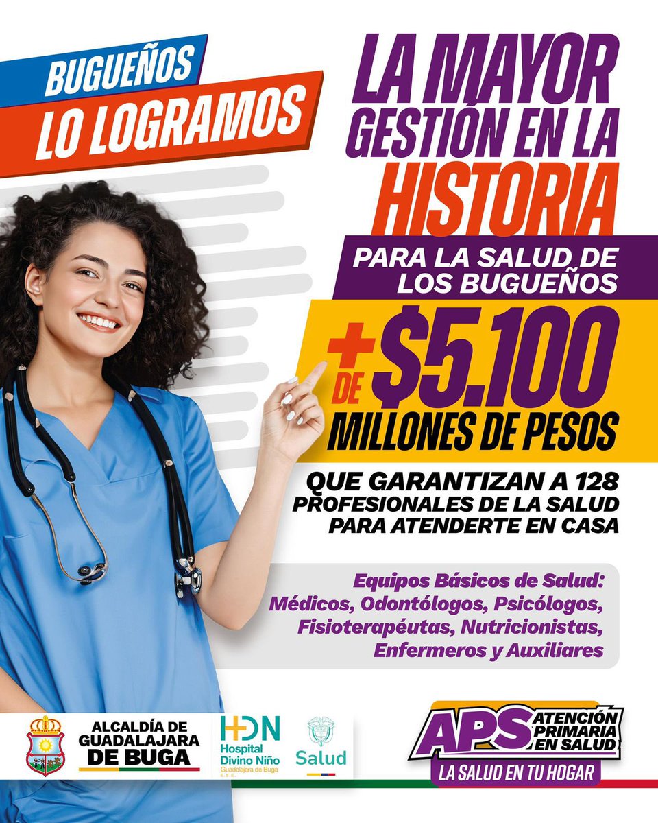 Gestionamos con la ESE Hospital Divino Niño de Buga ante <a href="/MinSaludCol/">MinSalud Colombia 🇨🇴</a>, un histórico recurso por más de $5.100 millones de pesos para dar inicio al gran programa social de #AtenciónPrimariaenSalud, con el que llegaremos a todo el territorio, casa a casa con equipos de