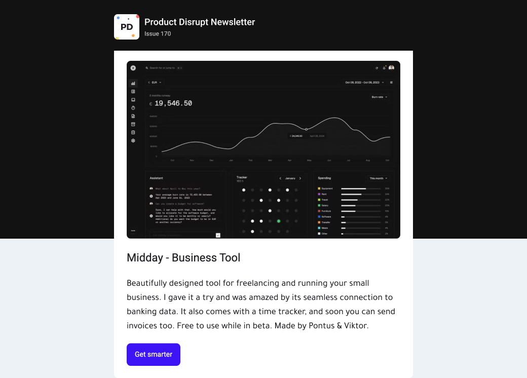 170 / <a href="/ProductDisrupt/">Product Disrupt</a> ➤

▸ <a href="/middayai/">Midday</a> by <a href="/pontusab/">Pontus Abrahamsson — oss/acc</a> &amp; <a href="/viktorhofte/">Viktor Hofte</a>
▸ Daily Delights by <a href="/flayks/">Félix P.</a>
▸ <a href="/FontsNinja/">Fonts Ninja</a>
▸ <a href="/Populous/">Populous</a> by @LocomotiveMT
▸ Studio Site - <a href="/linear_non/">Non-Linear Studio</a>

See more here ↓
bit.ly/Product-Disrup…