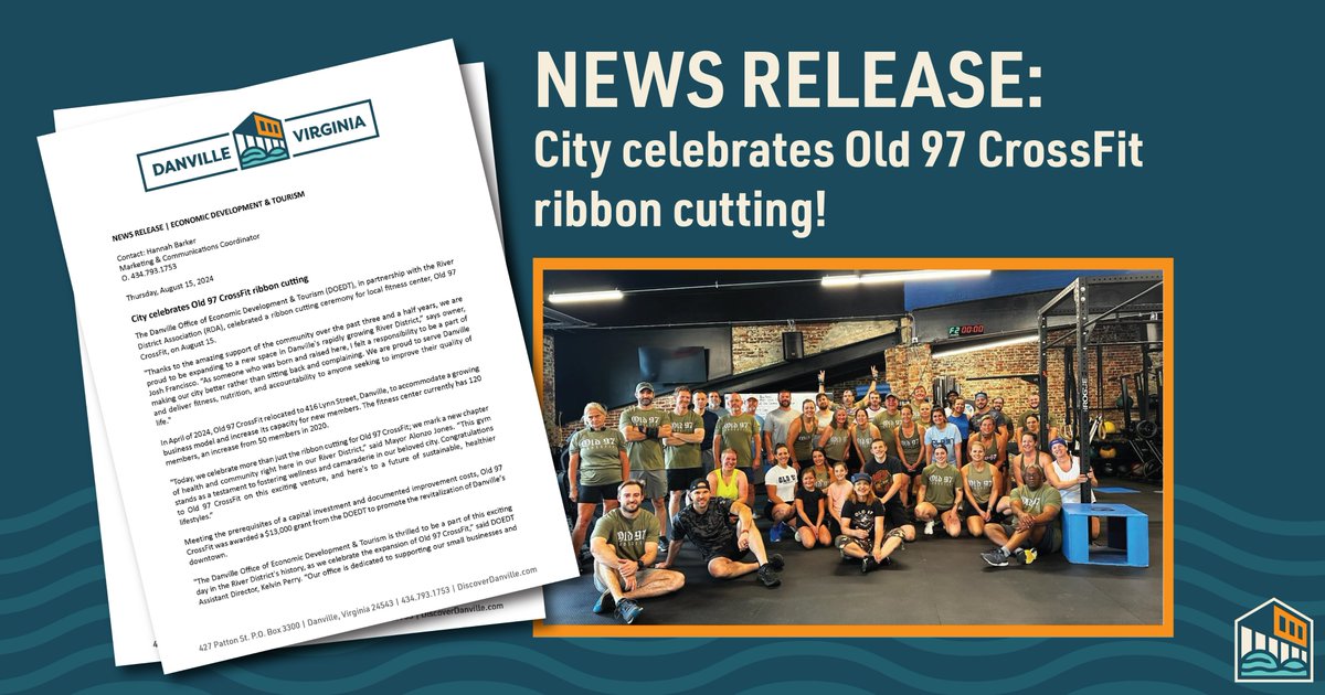 danvilleva_edo's tweet photo. NEWS RELEASE: The Danville Office of Economic Development &amp; Tourism, in partnership with the River District Association, celebrated the ribbon cutting for Old 97 CrossFit on August 15.

🎉 Read the full news release: https://t.co/634Psi2a7S https://t.co/2N7IuGoR2R