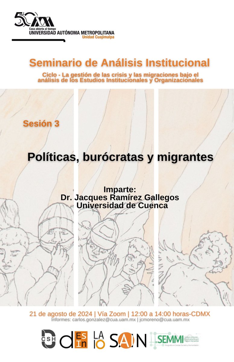 AlbertoGZepeda's tweet image. #SAIN 
Sesión 3
Políticas, burócratas y migrantes
Imparte:
Dr. Jacques Ramírez | Universidad de Cuenca
Vía Zoom | 21 de agosto de 2024 | 12:00 a 14:00 hrs CDMX
@DcshUam
@uamcuajimalpa
@Semmi_UAM
@jorgeculebro
@mesmibero
