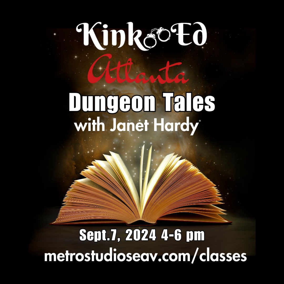 KinkEdAtlanta (@kinkedatlanta) on Twitter photo We are PUMPED to be welcoming author Janet Hardy to teach for us in September!
Lunch and book signing from 12-3. Then join our usual monthly class for stories and lessons.
"Everything I needed to know, I learned in the Dungeon." <a href="/janetwhardy/">Janet W. Hardy</a> <a href="/MyMadamJess/">Madam Jess- Atlanta Dominatrix</a> <a href="/AtlantaDungeon/">Atlanta Dungeon</a> We are PUMPED to be welcoming author Janet Hardy to teach for us in September!
Lunch and book signing from 12-3. Then join our usual monthly class for stories and lessons.
"Everything I needed to know, I learned in the Dungeon." <a href="/janetwhardy/">Janet W. Hardy</a> <a href="/MyMadamJess/">Madam Jess- Atlanta Dominatrix</a> <a href="/AtlantaDungeon/">Atlanta Dungeon</a>