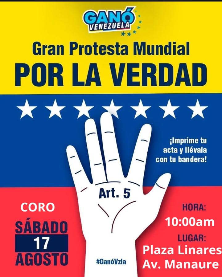 Este 17 toda Vzla estara en la calle, lleva tu bandera y el acta impresa de tu centro de votación, vamos en familia a exigir nuestro derecho a la libertad en una protesta donde la paz sera nuestra bandera y las actas de los centros nuestra llave.

¡Nos vemos en Coro y Punto Fijo!