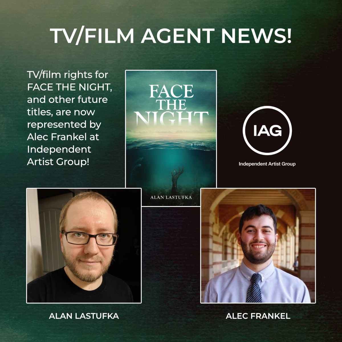 Alan Lastufka // Shortwave Publishing (@alandistro) on Twitter photo That good news I got two days ago?
My tv/film rights are now represented by <a href="/frankel_alec/">Alec Frankel</a> at IAG, including rights for my Hoffer Award winning debut, FACE THE NIGHT!
I'm very excited for the future of this little story, and how it might translate to the big screen. That good news I got two days ago?
My tv/film rights are now represented by <a href="/frankel_alec/">Alec Frankel</a> at IAG, including rights for my Hoffer Award winning debut, FACE THE NIGHT!
I'm very excited for the future of this little story, and how it might translate to the big screen.