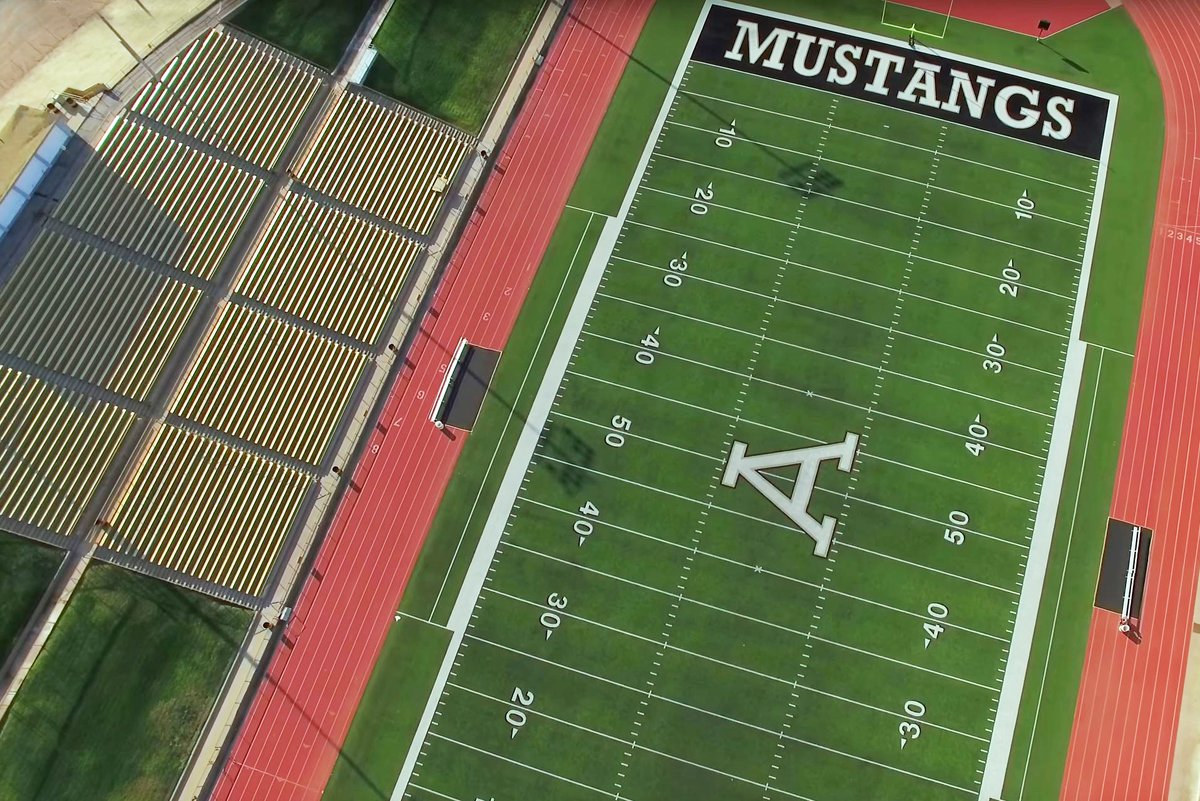 TracesofTexas's tweet photo. The Arcane Texas Fact of the Day:  

I see that Hereford and Andrews will be meeting for the first scrimmage of the 2024 football season tomorrow night at the historic Mustang Bowl in Andrews.  Two storied programs. When I first heard that they were meeting at the Mustang Bowl I thought "why would they be meeting in Sweetwater, where the historic Mustang Bowl (built in 1939 by the CCC) is located?"  It took me a second to remember that there are actually TWO high school stadiums in Texas called the Mustang Bowl, the one in Sweetwater and the one in Andrews. The Mustang Bowl in Andrews is newer than the Mustang Bowl in Sweetwater, having opened in 1957.  The Mustang Bowl in Andrews is slightly larger than the Mustang Bowl in Sweetwater, seating 8088 vs. 6471, but both are among the best places to watch high school football in the state of Texas. Both have been very well maintained and upgraded over the years. The Mustang Bowl in Sweetwater, with its CCC origins, is particularly picturesque. I hope to visit both with my camera when the weather cools down.  

Shown here: an aerial view of the Mustang Bowl in Andrews, courtesy Vargas Aerial Images.
