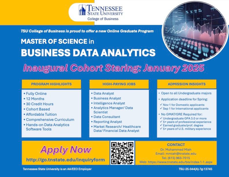 🚨 Tennessee State University Launches New Master of Science in Business Data Analytics Program! 🚨

Apply now and join the next generation of data analytics professionals! bit.ly/4cmrS9K

#TSU #DataAnalytics #MSBA #BusinessAnalytics #DataScience #HigherEducation