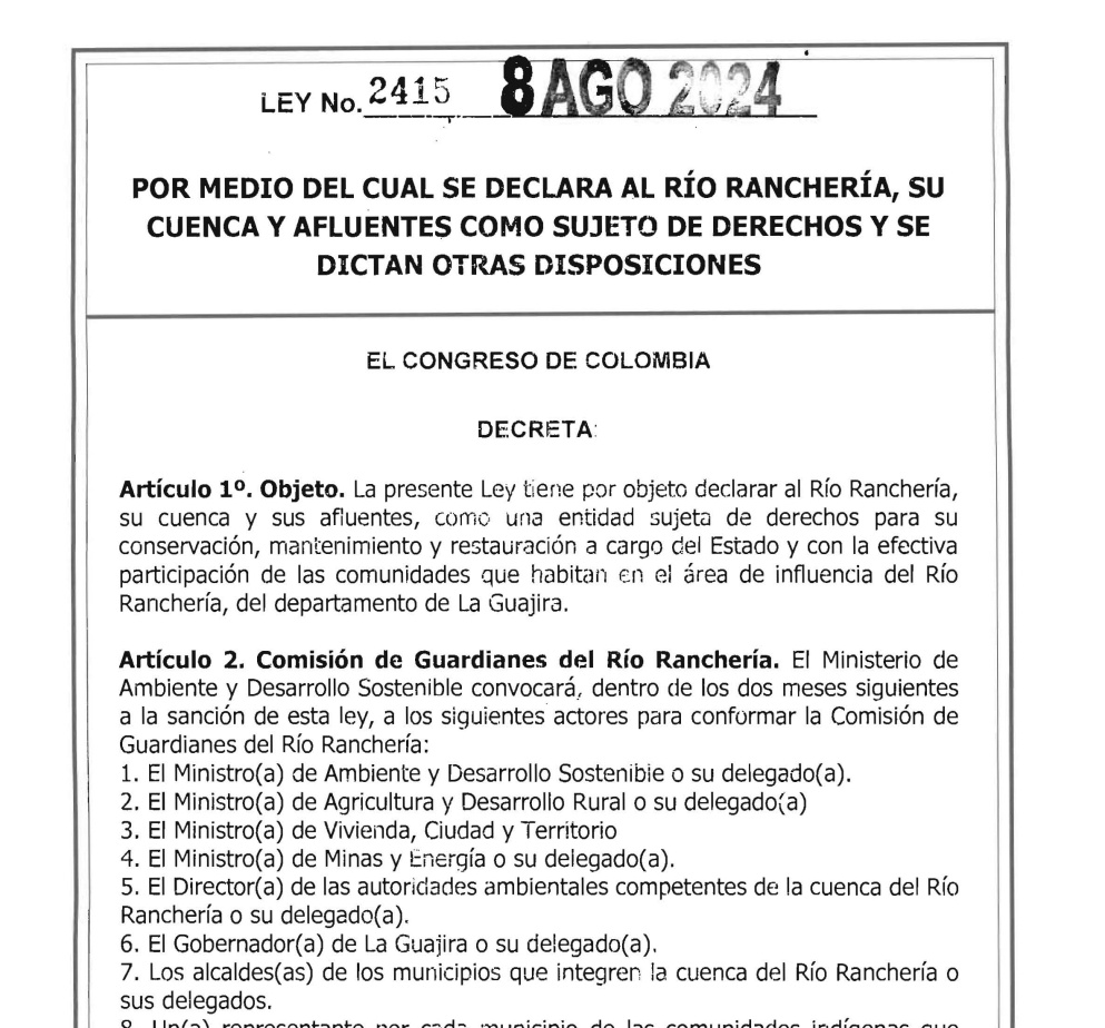 cabogadosa1's tweet photo. LEY 2415/24 “POR MEDIO DEL CUAL SE DECLARA AL RÍO RANCHERÍA, SU CUENCA Y AFLUENTES COMO SUJETO DE DERECHOS Y SE DICTAN OTRAS DISPOSICIONES”
https://t.co/y9jrBfA2Bt https://t.co/s01fUXunN6