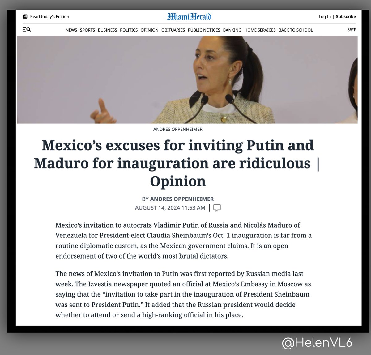 ⚠️"La Invitación del <a href="/GobiernoMX/">Gobierno de México</a> a Putin y Maduro a la toma de posesión de <a href="/Claudiashein/">Claudia Sheinbaum Pardo</a>  es un respaldo abierto a dos de los dictadores más brutales del mundo"  <a href="/MiamiHerald/">Miami Herald</a> <a href="/oppenheimera/">Andres Oppenheimer</a> 
🛑Piensa consejero cómo emitirás tu voto, ¿estás seguro de querer participar en la