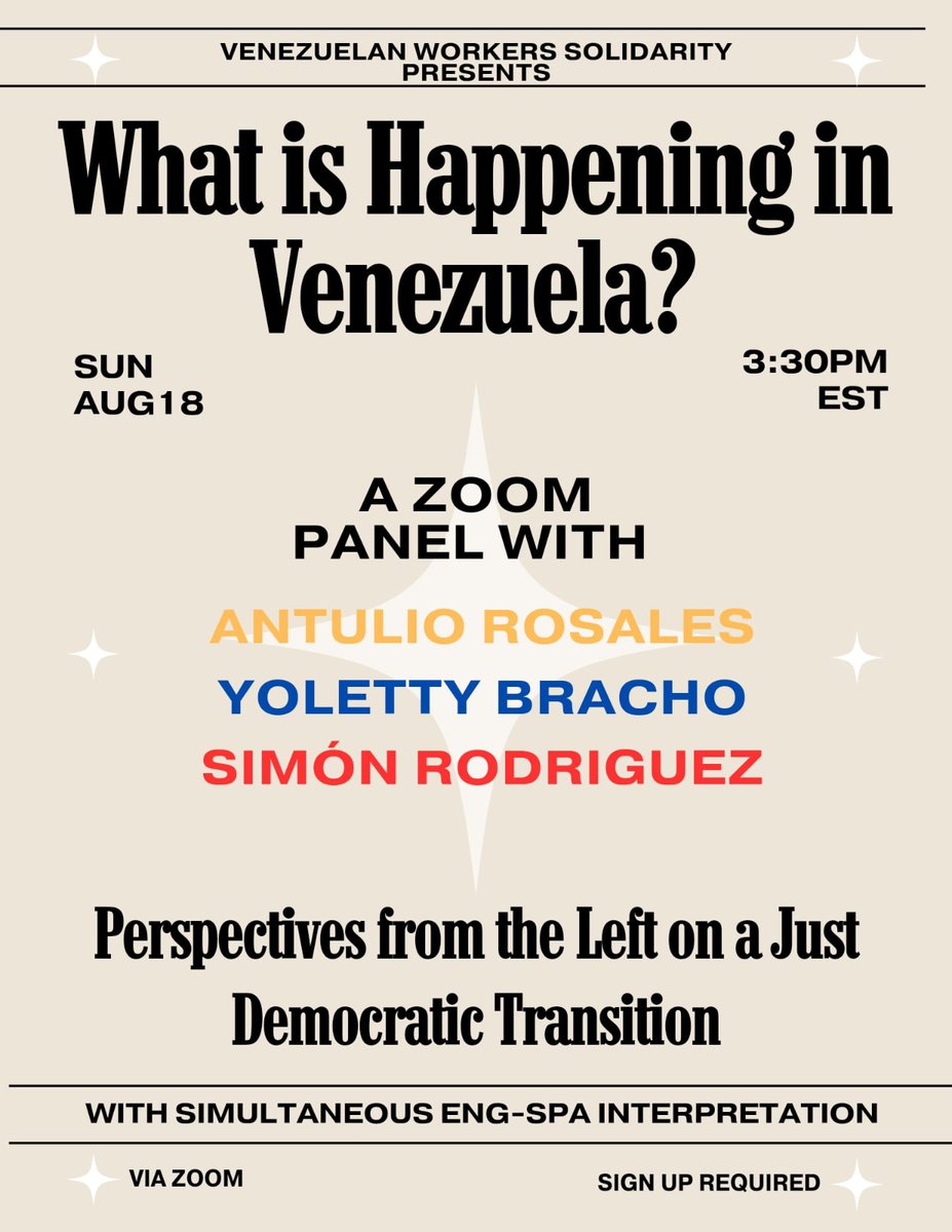 Alejandro Quryat (@aquryat) on Twitter photo This Sunday, join our discussion with three brilliant thinkers and researchers on the Venezuelan left--<a href="/RosalesAntulio/">Antulio Rosales</a> , <a href="/YolettyBracho/">Yoletty Bracho</a> and <a href="/guitarraylapiz/">Simón Rodríguez</a> -- to discuss the struggle for social justice and democracy in Venezuela
Register here: us02web.zoom.us/meeting/regist… This Sunday, join our discussion with three brilliant thinkers and researchers on the Venezuelan left--<a href="/RosalesAntulio/">Antulio Rosales</a> , <a href="/YolettyBracho/">Yoletty Bracho</a> and <a href="/guitarraylapiz/">Simón Rodríguez</a> -- to discuss the struggle for social justice and democracy in Venezuela
Register here: us02web.zoom.us/meeting/regist…