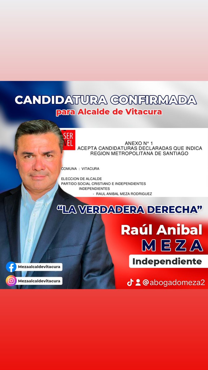 <a href="/abogadomeza/">Raúl Meza Rodríguez</a> Vitacuranos quiero invitarlos para q juntos construyamos la comuna en la q queremos vivir y a conocer mi programa d Gbno municipal y a aportar ideas innovadoras para transformar a Vitacura en la comuna más segura, más eficiente y más solidaria para vivir en Chile