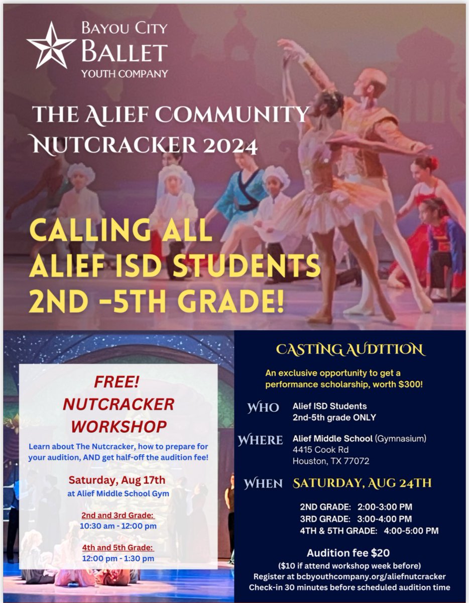 Alief parents of 2nd, 3rd, 4th, and 5th graders! Check out this great opportunity! If you go to the informative meeting this Saturday, it is half off to audition! <a href="/aliefFineArts/">Alief ISD Fine Arts</a> <a href="/ReesStars/">Rees Elementary (Performing & Visual Arts Academy)</a>