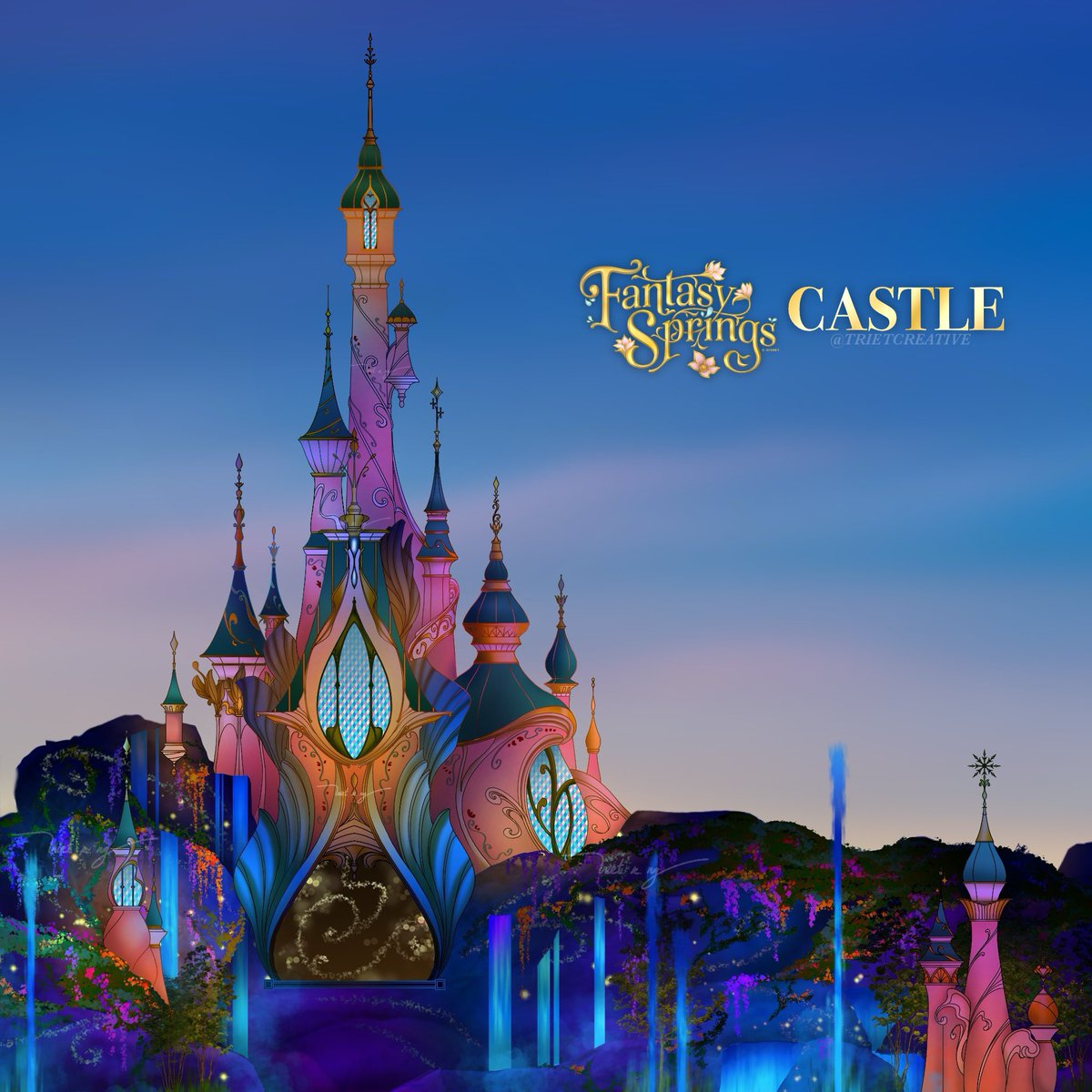 trietknguyen's tweet photo. I’ve been challenging myself to come up with different Disney-inspired castles in the recent years. I’m excited to share my new design - inspired by the beautiful architecture of Tokyo DisneySea’s Fantasy Springs Chateau Hotel and the magical water features of the land. 🏰🪷💦 https://t.co/vAz6f9A4DT