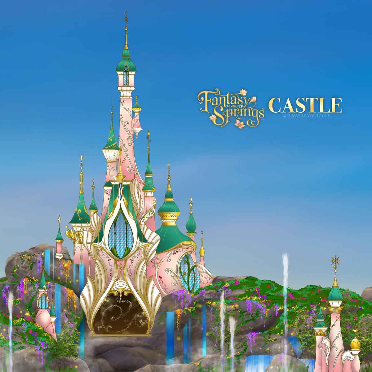 trietknguyen's tweet photo. I’ve been challenging myself to come up with different Disney-inspired castles in the recent years. I’m excited to share my new design - inspired by the beautiful architecture of Tokyo DisneySea’s Fantasy Springs Chateau Hotel and the magical water features of the land. 🏰🪷💦 https://t.co/vAz6f9A4DT