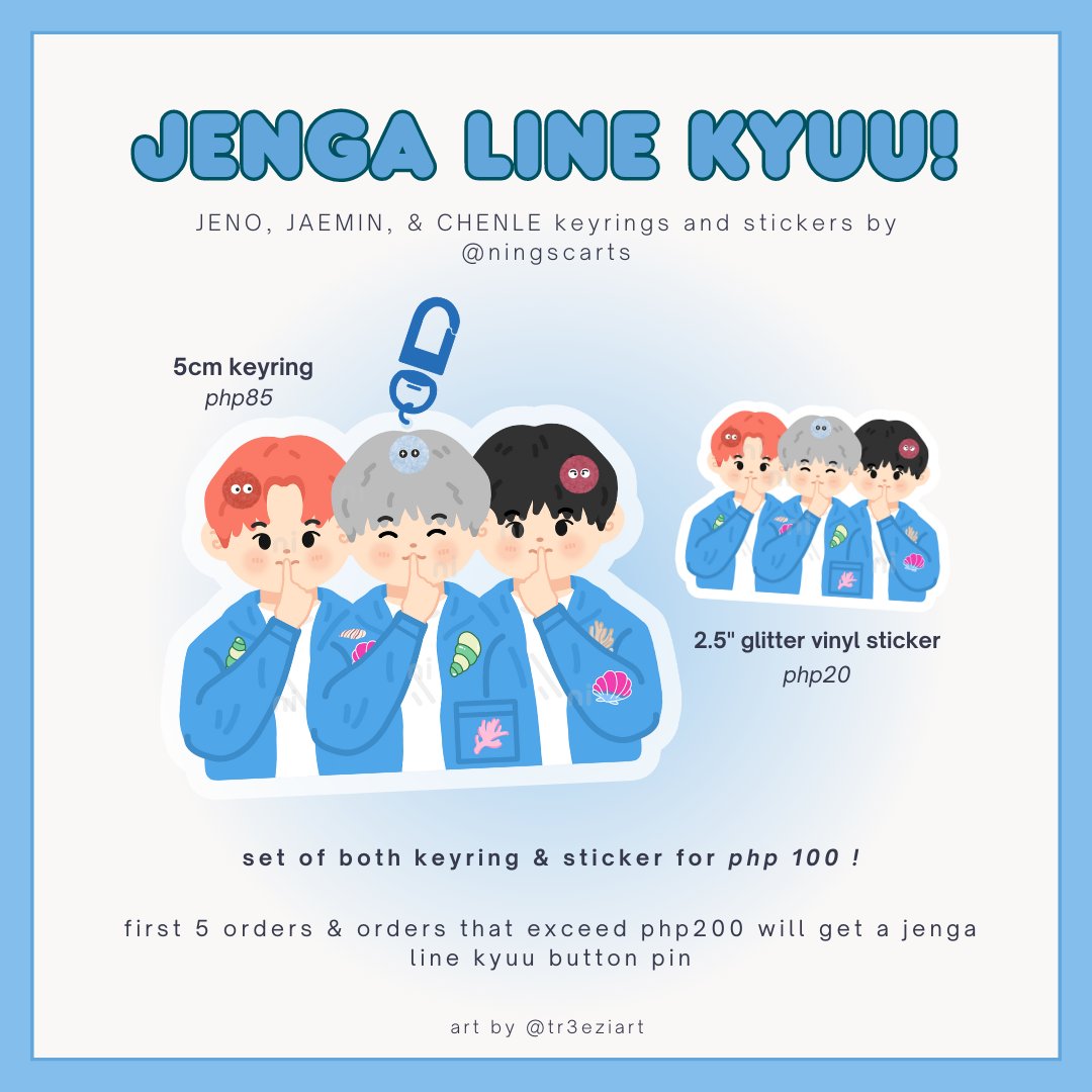 ningscarts's tweet photo. ☁️ jenga line kyuu! ☁️

jeno, jaemin, chenle acrylic keyring and sticker
🔗 order form: https://t.co/EOp20x8zQv

doo: aug 25
dop: aug 26

rt lottery: 2 winners of 1 set! https://t.co/PnlhyFDsER