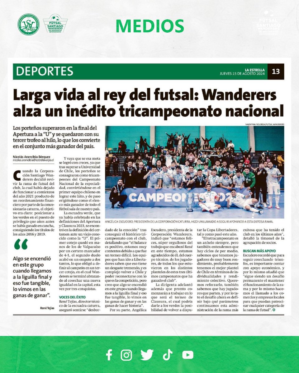 FutsalWanderers's tweet photo. Hoy en #LaEstrellaDeValpo: “Larga vida al rey del futsal: Wanderers alza un inédito tricampeonato nacional”. 📰 https://t.co/VNemcctjlY