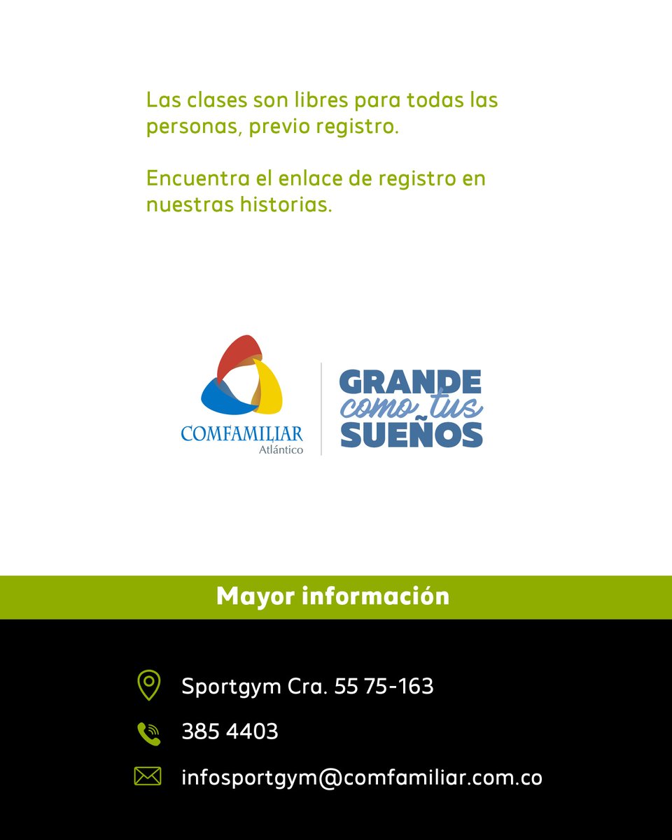 Entrena y mantén tu cuerpo en forma con las clases virtuales de SportGym. Son gratuitas y solo requiere registro previo para poder enviarte el enlace de acceso.

Encuentra en nuestras historias el formulario de registro.

#comfatlantico #sportgym #gimnasio #clasesvirtuales
