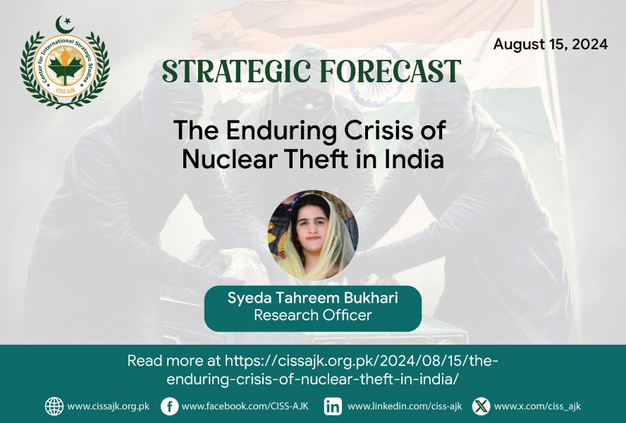 ciss_ajk's tweet photo. 🌎CISSAJK Strategic Forecast |
Research Officer Syeda Tahreem Bukhari writes for Strategic Forecast on " The enduring crisis of nuclear theft in India".
The article highlights a worrying trend of #nuclearthefts in #India, with multiple incidents over the years involving the smuggling of radioactive materials like #Uranium and #Californium. Despite international safeguards set by the #IAEA, India appears to have inadequate nuclear security measures. This ongoing issue poses a significant threat to regional and global stability. The article suggests that India needs to establish a stronger, #independentregulatorybody to address these nuclear security challenges.
Read the full article here.👇
https://t.co/tPNQoJFZag
#NuclearSafety
#NuclearSecurity
@AsmaKhawaja5 @CISS_Islamabad @isc_issi @SVI_Pakistan @ashoswai @bttn_quetta @ForeignOfficePk @itskhurramabbas