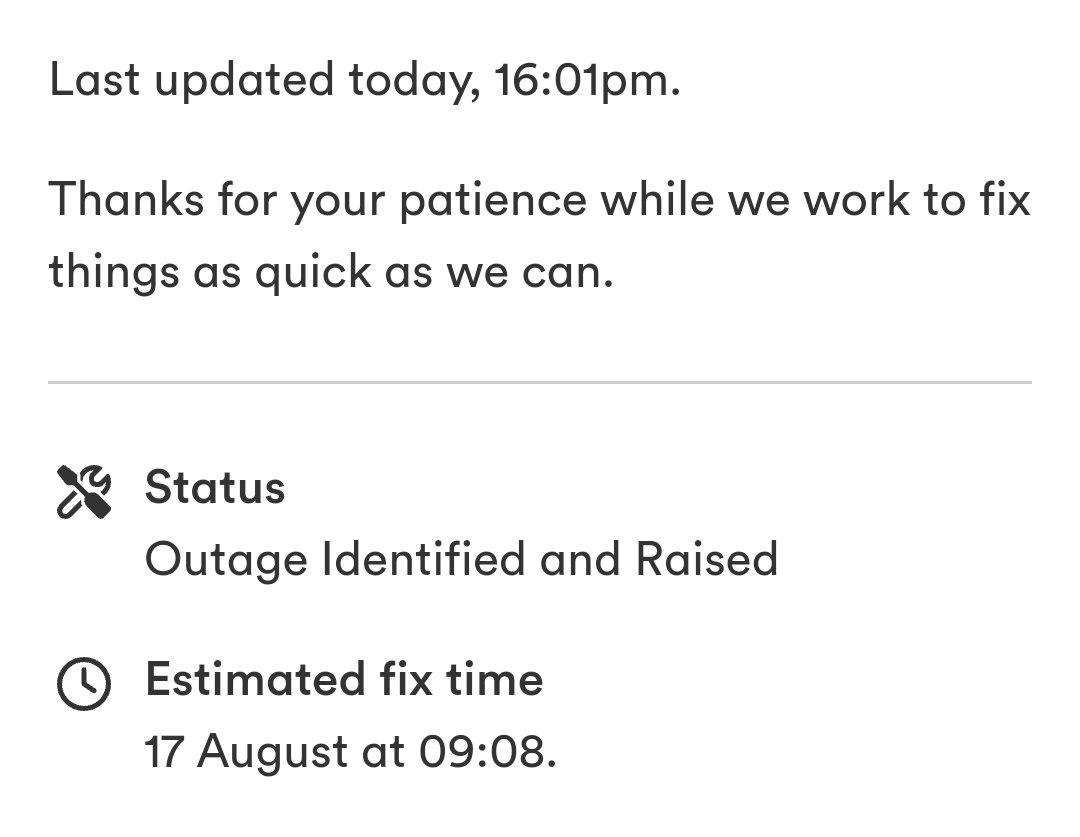 mkraay's tweet photo. @virginmedia this is quite a shocker. Virgin internet has been down since 14 august and it will take till 17 to fix it?! https://t.co/pctNdvl0yH