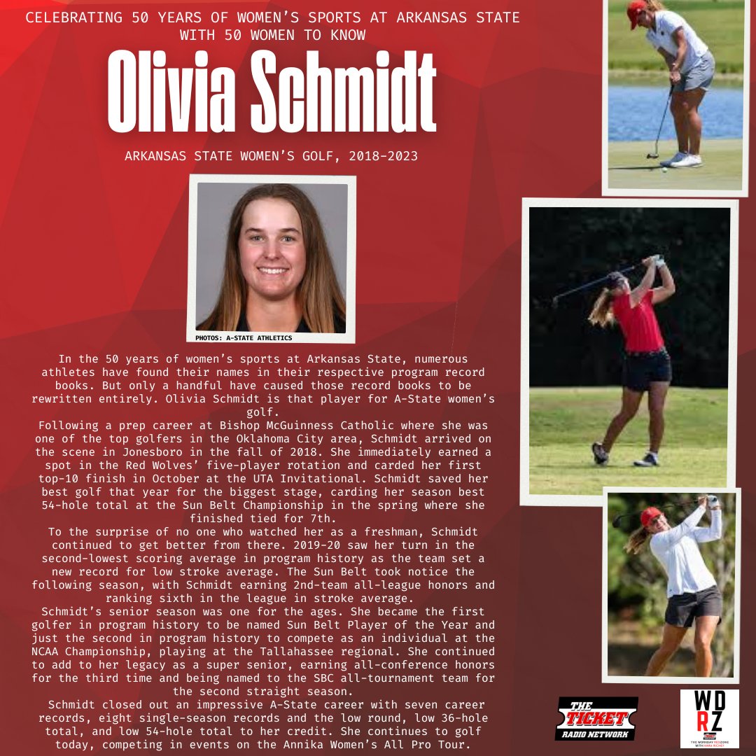 Kara_Richey's tweet photo. Some of Arkansas State's most recent stars shine the brightest, and that can definitely be said for @AStateWGolf's Olivia Schmidt.

She's this morning's focus on the list of 50 women to know to celebrate 50 years of women's sports at #AState.