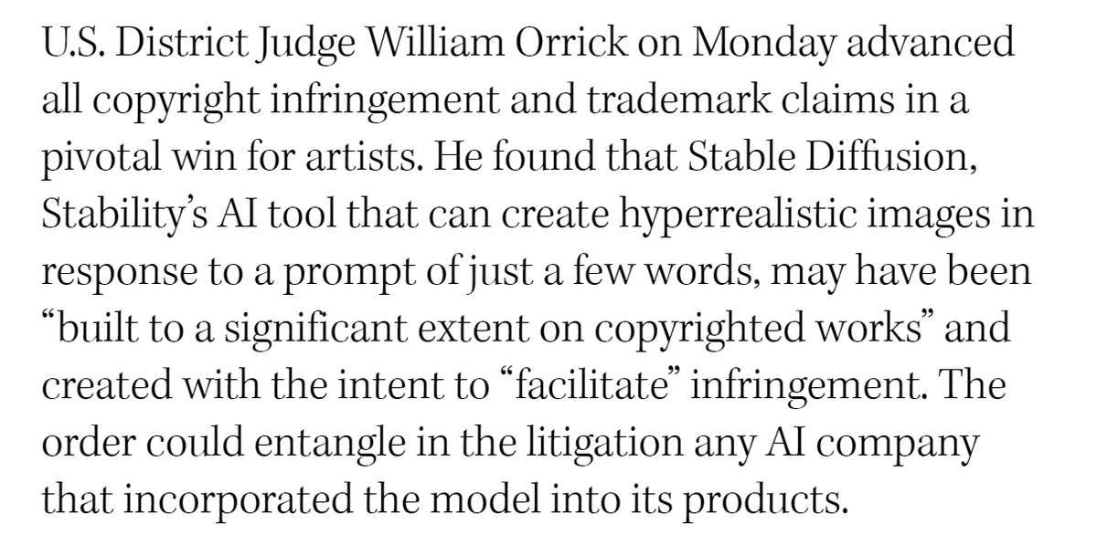JonLamArt's tweet photo. https://t.co/uLBpXp3e3C

Judge Orrick found that Stable Diffusion may have been built on a significant extent on copyrighted works and created WITH THE INTENT to facilitate infringement

HUGE https://t.co/r6pZOlxGLU