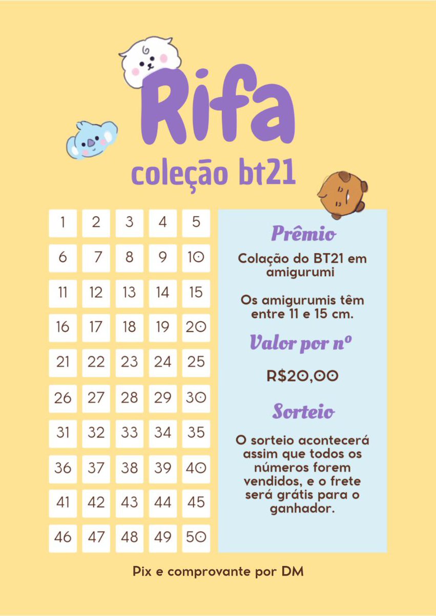 Teciturno_'s tweet photo. Rifa de amigurumi - Coleção do BT21
O ganhador receberá a coleção completa com os 7 personagens
O Pix deve ser solicitado via DM, e o comprovante também deve ser enviado por lá
O sorteio será realizado quando todos os números forem vendidos, e o frete será grátis para o vencedor https://t.co/vLSdGZ559V