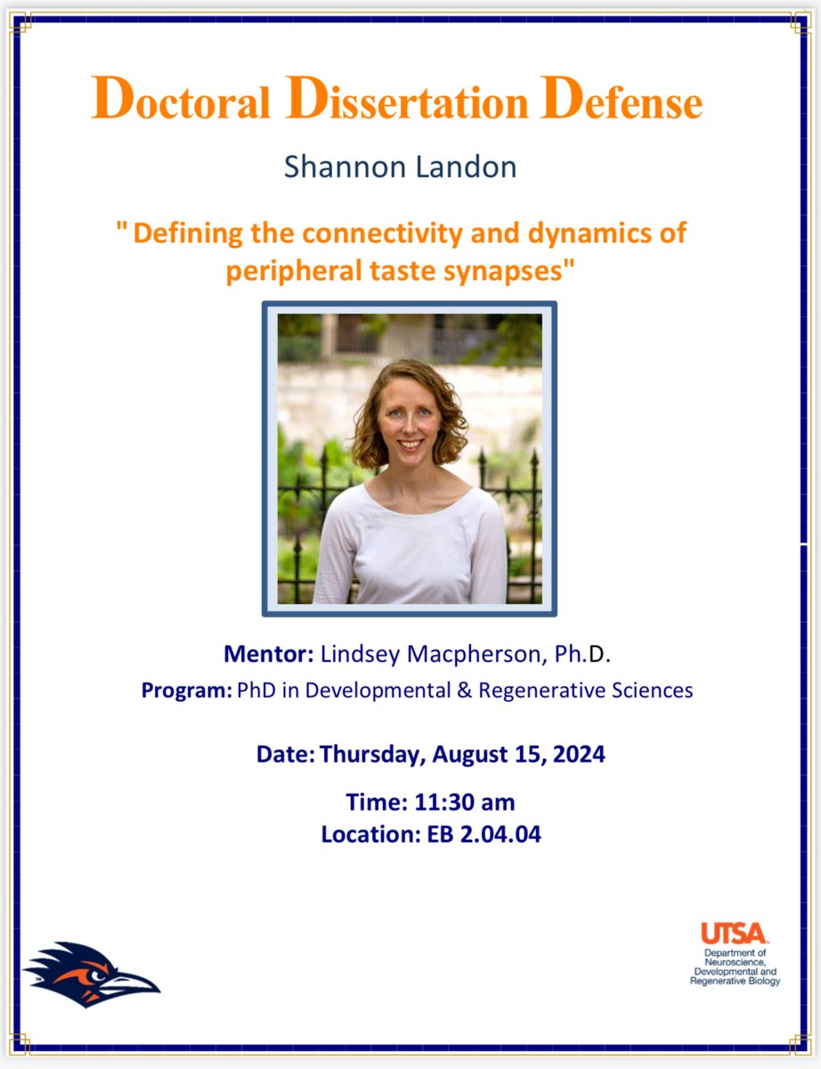 UTSANeuroDevRe1's tweet image. Hey Runners! Make sure you catch our PhD Candidate defense today at 11:30 am! #utsa #ndrb #developmentalbiology