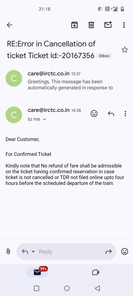 <a href="/IRCTCofficial/">IRCTC</a> 
<a href="/indianrail/">Indian Railways</a> 
As I tried it 4 to 5 times before getting confirmation of a ticket called 139 as well 14646 call disconnected but matter not resolved. what the hell is this service, as I booked ticket on app and tried cancellation as well on the app just.Disappointed