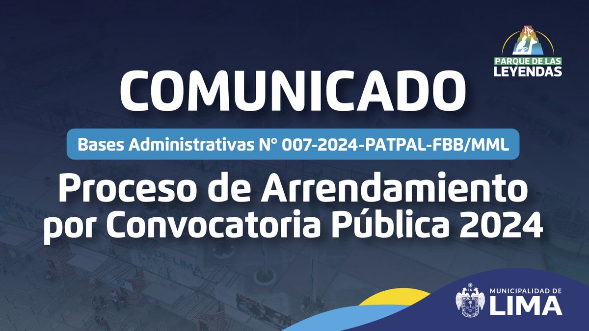 Proceso de Arrendamieno por Convocatoria Pública 2024.

Conoce las bases administrativas ° 007-2024-PATPAL-FBB/MML, de Arrendamiento por Convocatoria Pública, de los veintinueve (29) espacios del PATPAL-FBB, sede San Miguel, aquí → bit.ly/4fNlxao