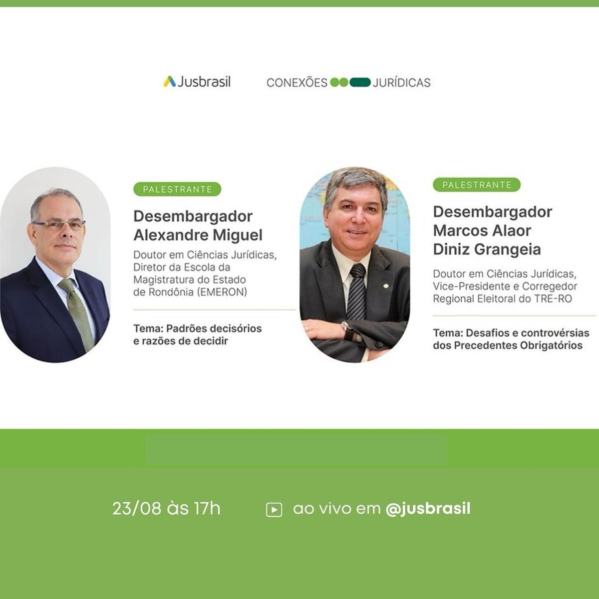 tre_ro's tweet photo. A 4ª edição do projeto Conexões Jurídicas, do site jurídico JusBrasil, terá a participação dos desembargadores Marcos Alaor e Alexandre Miguel, no próx. dia 23. As palestras, que tem foco em Precedentes Obrigatórios, serão transmitidas ao vivo pelo canal do Jusbrasil, no Youtube. https://t.co/V1jUuA2fr8