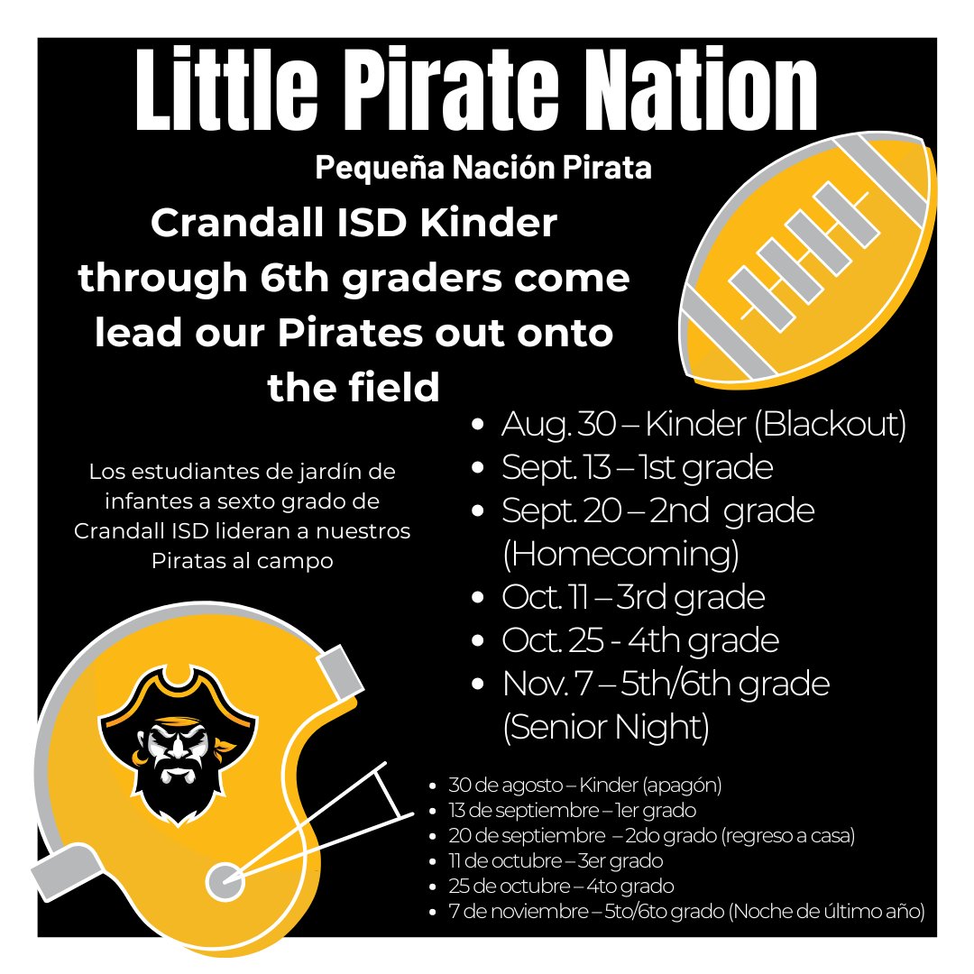 OfficialCISD's tweet photo. 🏴‍☠️Our Little Pirate Nation will lead us onto the field again this year! Be at the gate near the Fieldhouse by 6:45 PM. Adults and cheerleaders will help on the field. Kids in Crandall Pirate spirit shirts get in free on their assigned night; parents, regular admission.🏈 https://t.co/Gd0xGJf5yF